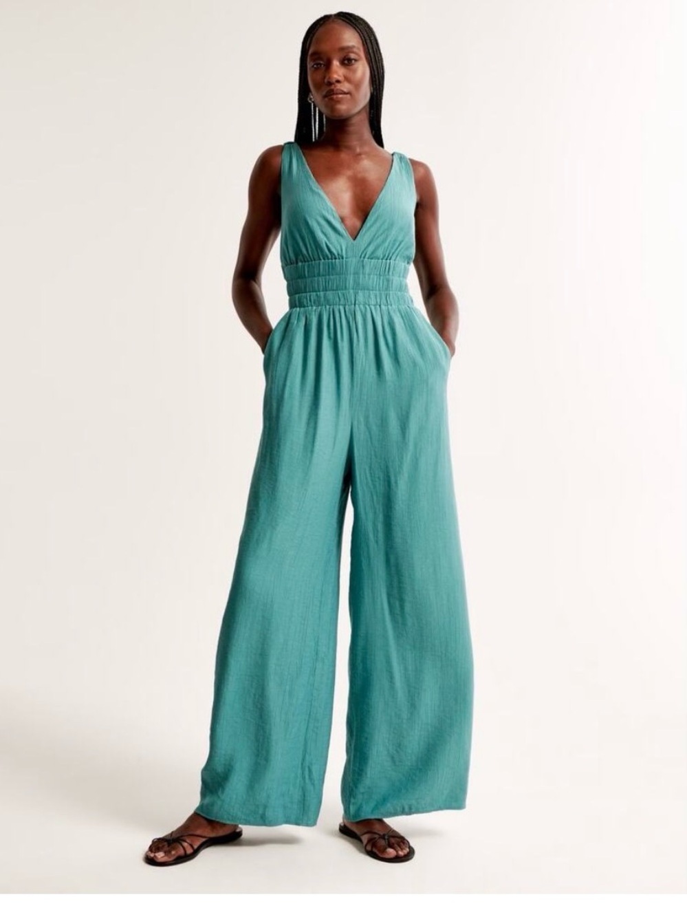 Sleeveless V-Neck Wide-Leg Jumpsuit in Teal